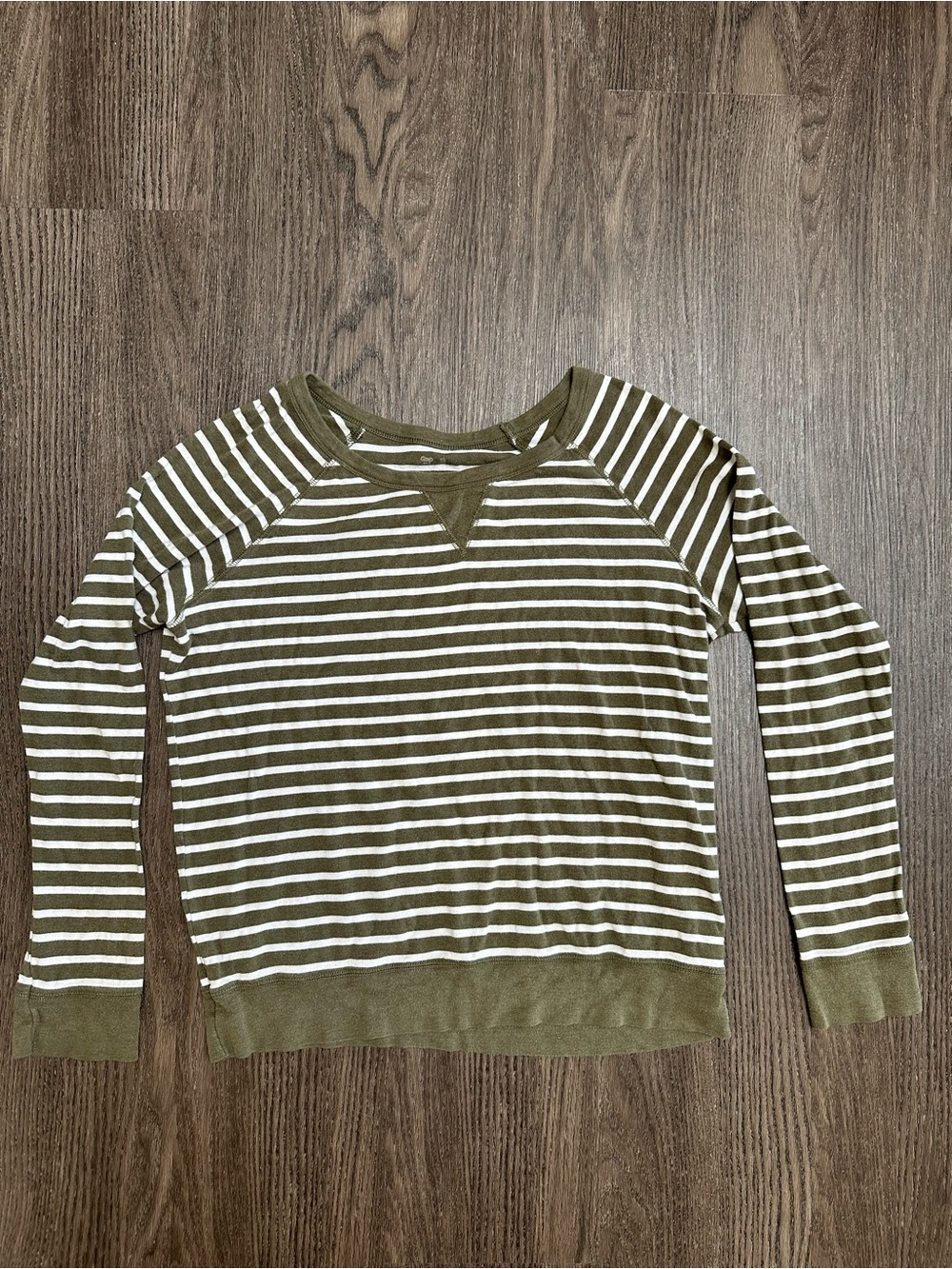 GAP Women’s Olive and White Striped Crewneck Sweater, Size M